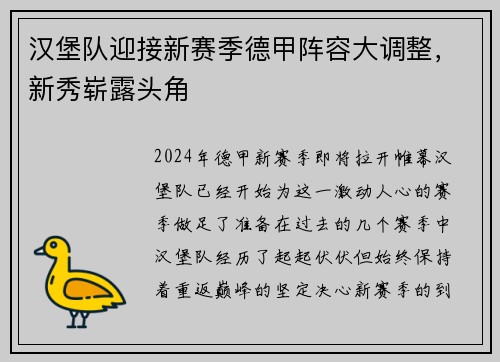 汉堡队迎接新赛季德甲阵容大调整，新秀崭露头角